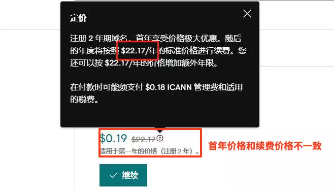 域名首年注册价格和续费价格不一致