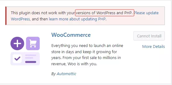 PHP版本过低限制WooCommerce安装